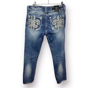 Miss Me Sz 28 Med Wash Rhinestone Silver Embellished Denim Bling Cropped Jeans